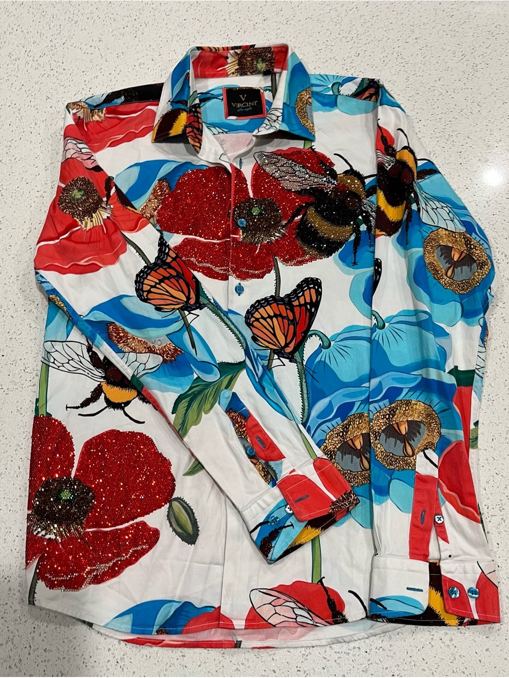 Vercini Men’s Embellished BUTTERFLY GARDEN LUXE CASUAL SHIRT Size L Cotton/Lycra